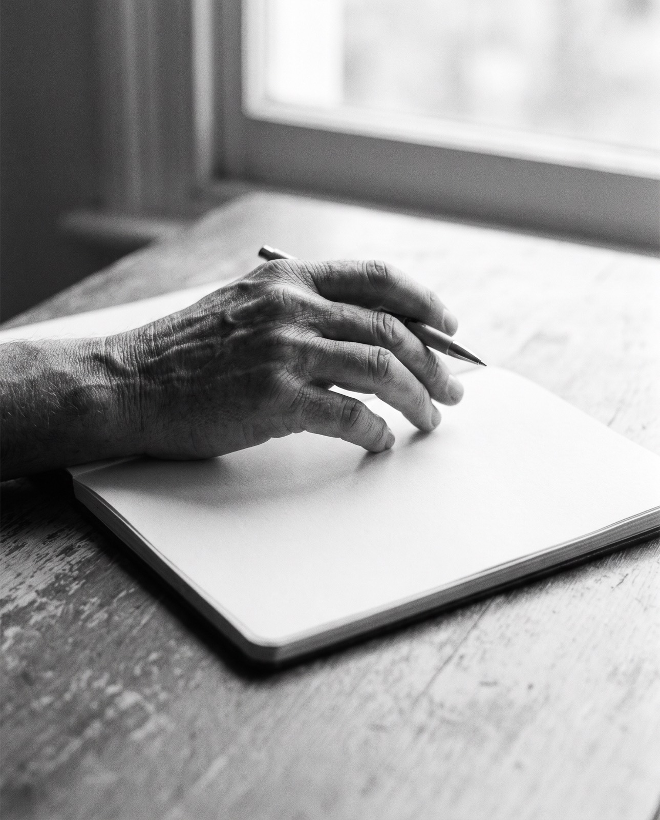 A hand resting on an open blank notebook